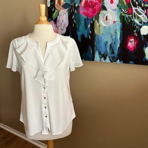 Per Seption Concept White Ruffle Short-Sleeve Blouse Size Large